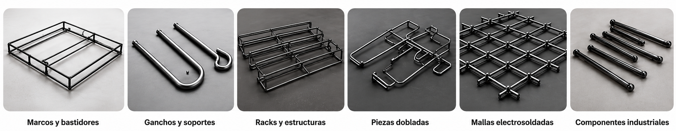 Ejemplos de productos de alambre como marcos, ganchos, racks, piezas dobladas y mallas electrosoldadas