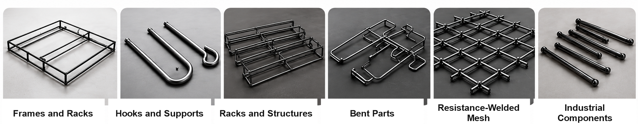 Examples of wire products such as frames, hooks, racks, bent parts, and welded mesh