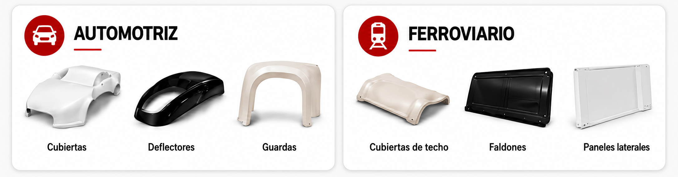 Piezas de fibra de vidrio para sectores como automotriz y ferroviario, incluyendo cubiertas, deflectores, guardas y paneles