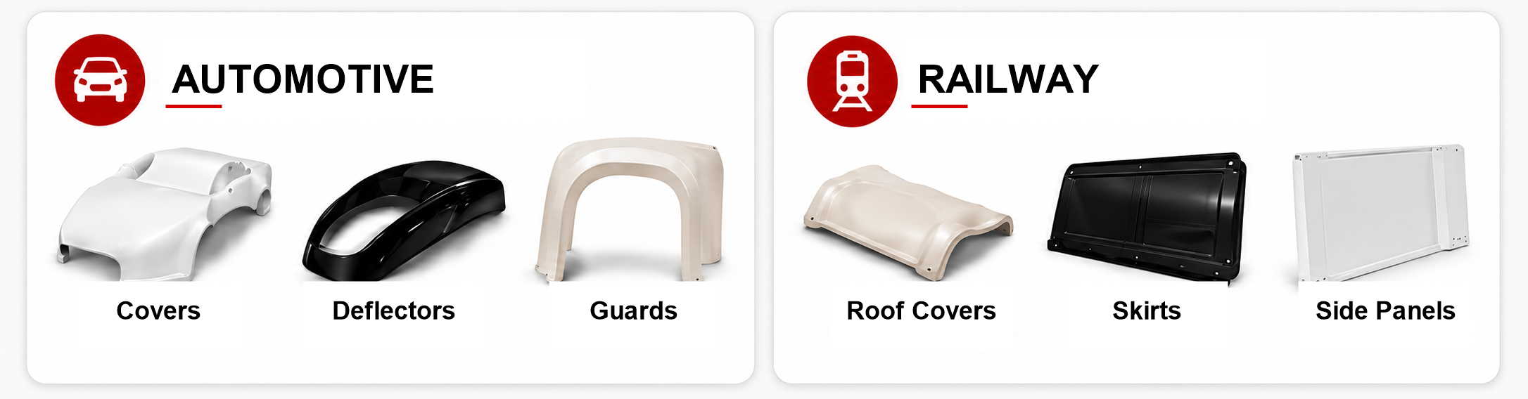 Fiberglass parts for sectors such as automotive and rail, including covers, deflectors, guards, and panels