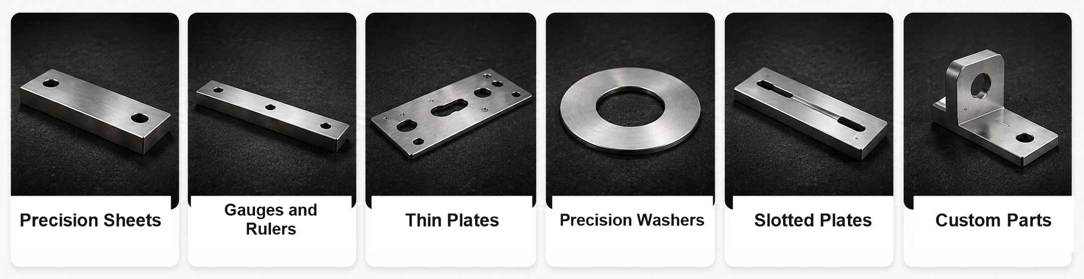 Examples of ground parts such as precision sheets, strips, plates, washers, and custom components